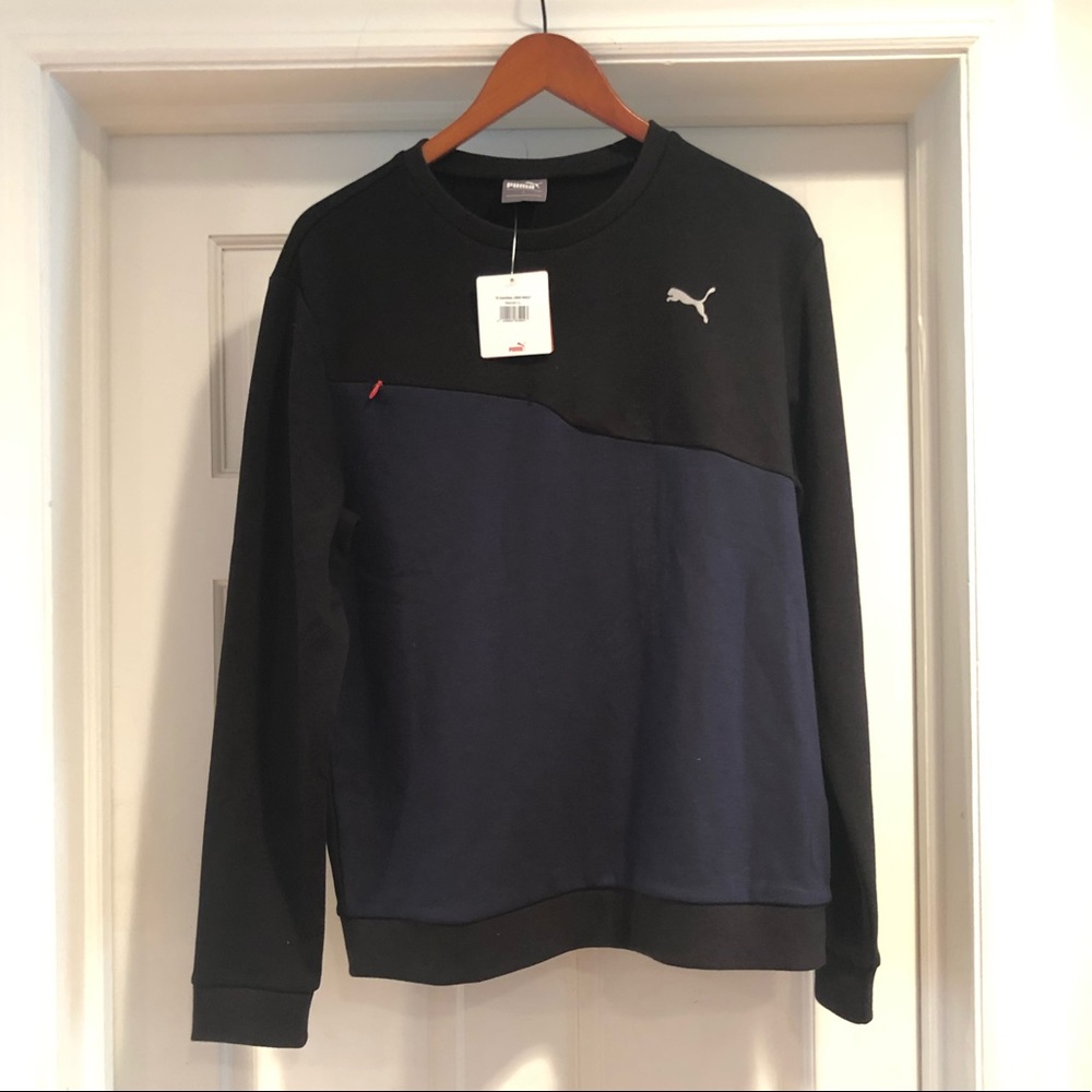Puma diagonal crew sweatshirt. Black, navy blue. L